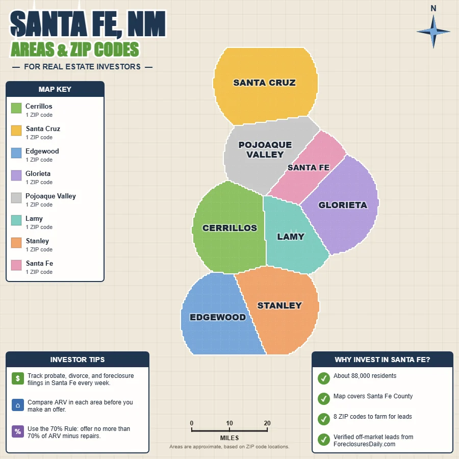 Santa Fe, New Mexico wholesale real estate map by area and ZIP code