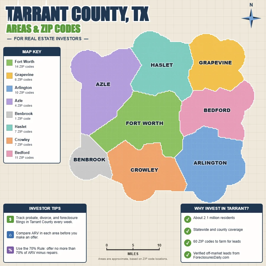 Tarrant County, Texas wholesale real estate map by area and ZIP code