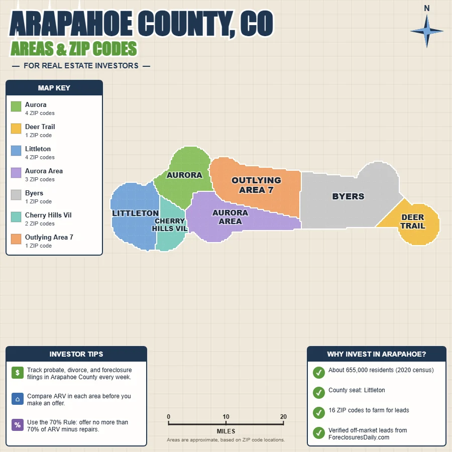 Arapahoe County, Colorado areas and ZIP codes map for real estate investors