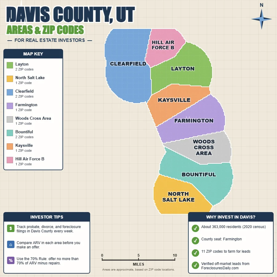 Davis County, Utah areas and ZIP codes map for real estate investors