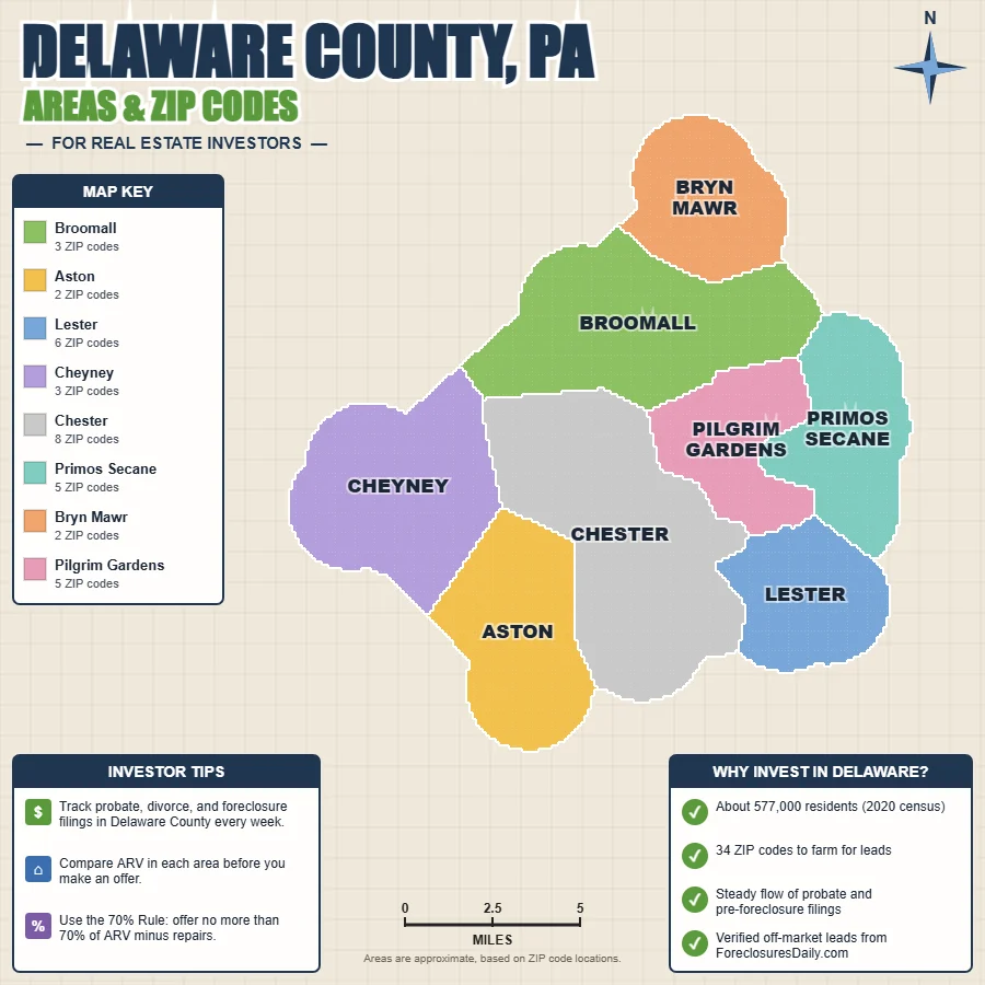 Delaware County, Pennsylvania areas and ZIP codes map for real estate investors