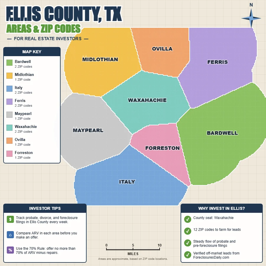 Ellis County, Texas areas and ZIP codes map for real estate investors