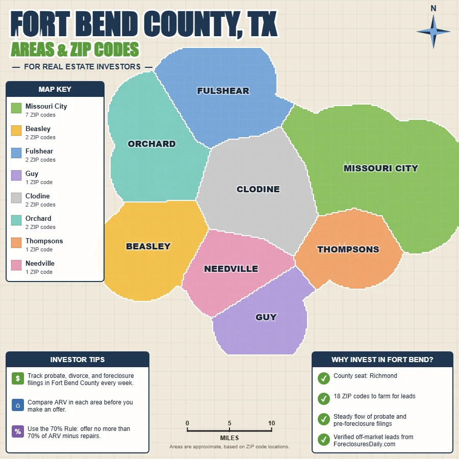 Fort Bend County, Texas areas and ZIP codes map for real estate investors