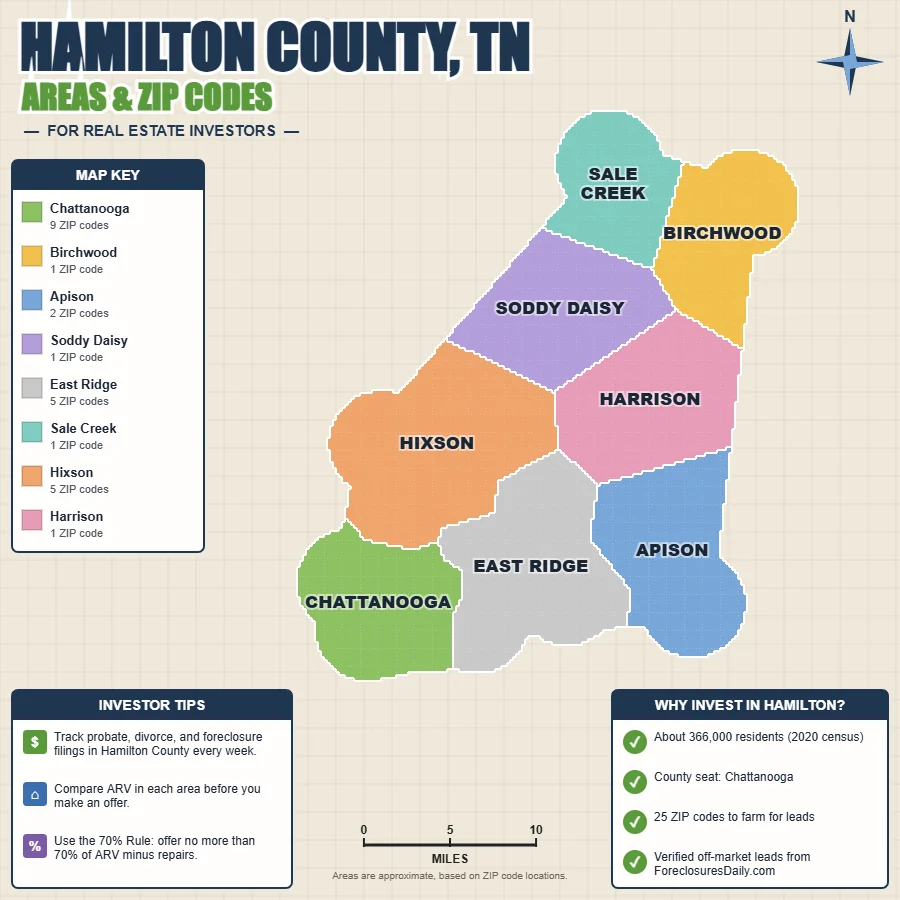 Hamilton County, Tennessee areas and ZIP codes map for real estate investors