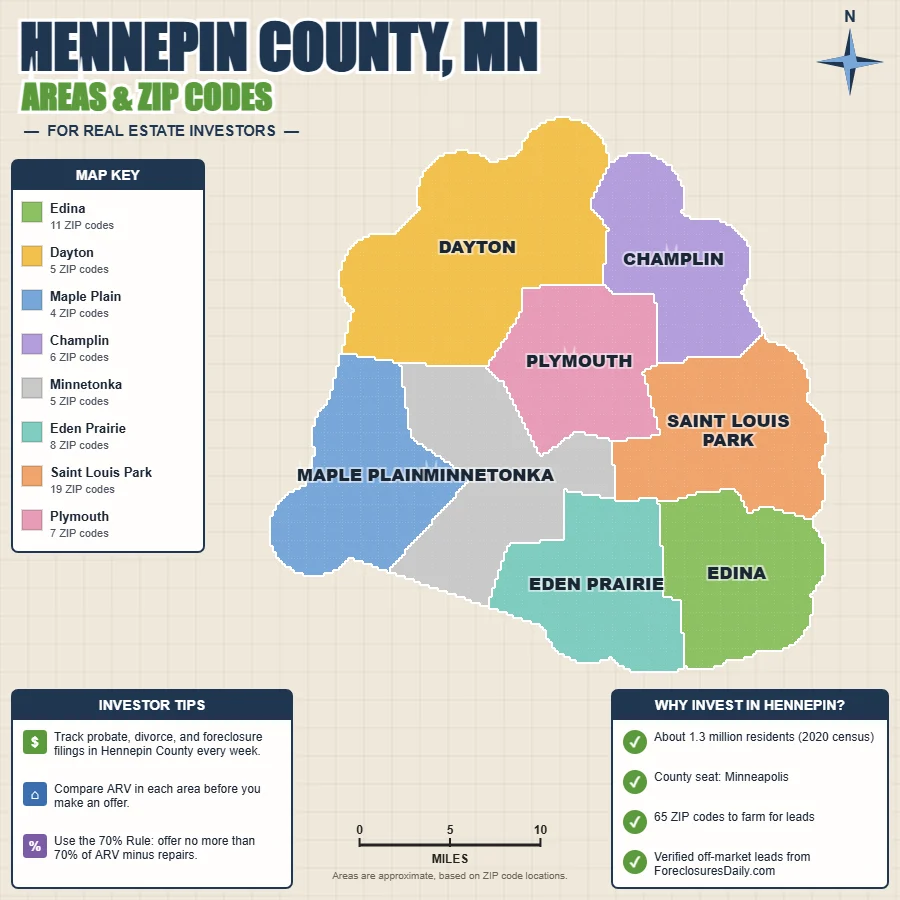 Hennepin County, Minnesota areas and ZIP codes map for real estate investors