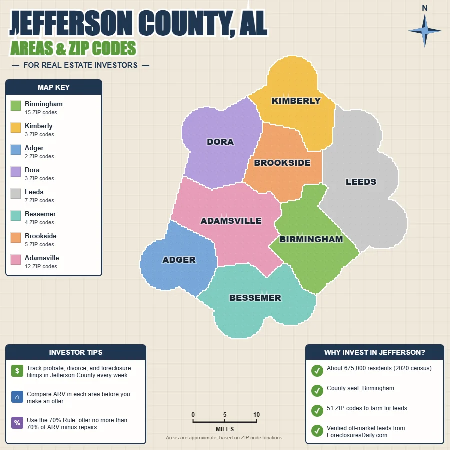 Jefferson County, Alabama areas and ZIP codes map for real estate investors