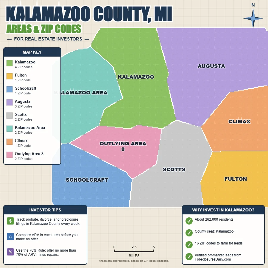 Kalamazoo County, Michigan areas and ZIP codes map for real estate investors