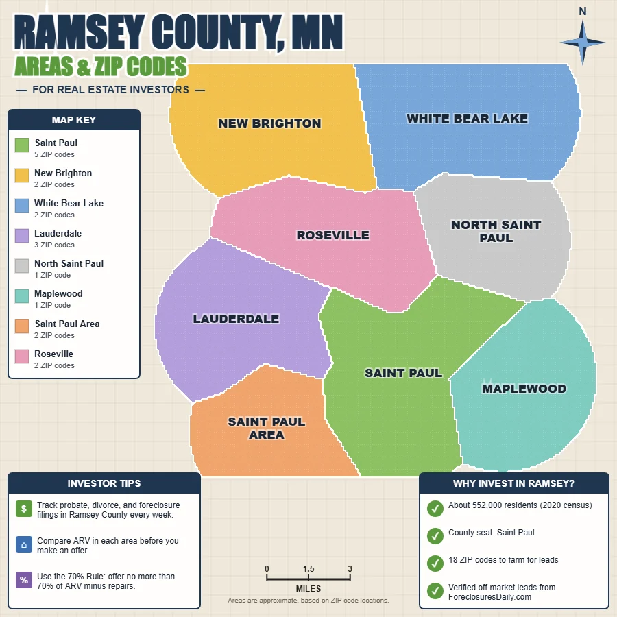 Ramsey County, Minnesota areas and ZIP codes map for real estate investors