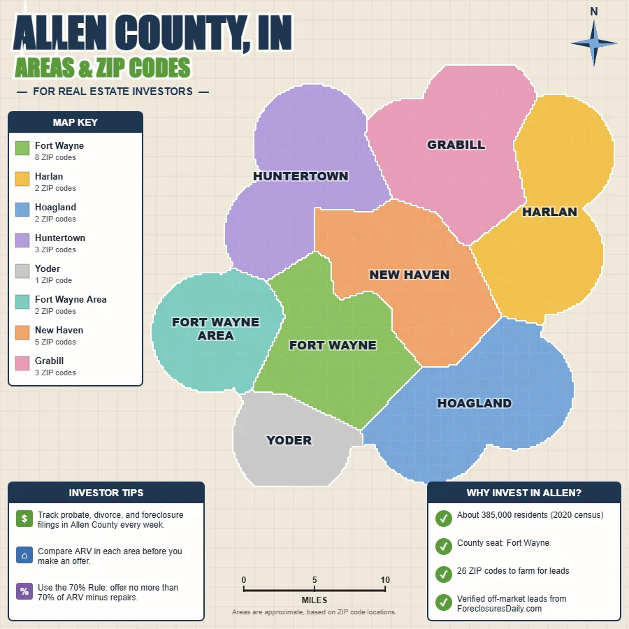 Allen County, Indiana areas and ZIP codes map for real estate investors