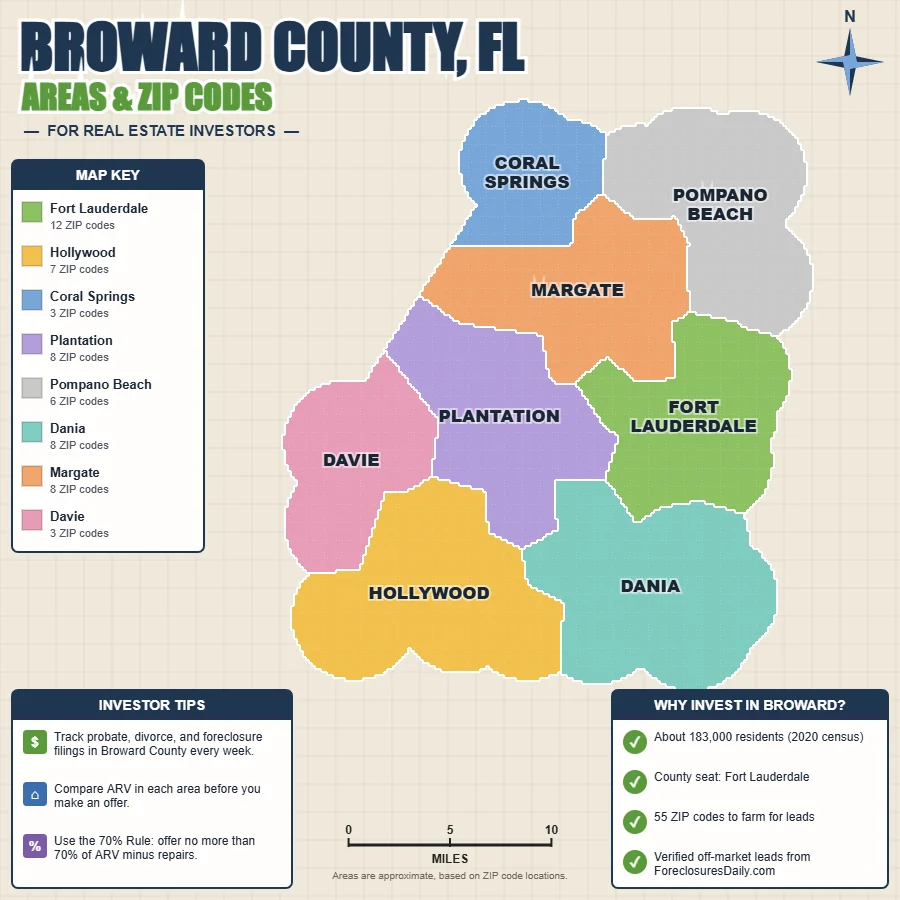 Broward County, Florida areas and ZIP codes map for real estate investors