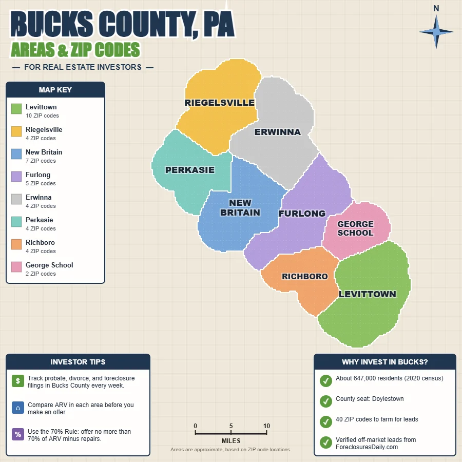 Bucks County, Pennsylvania areas and ZIP codes map for real estate investors