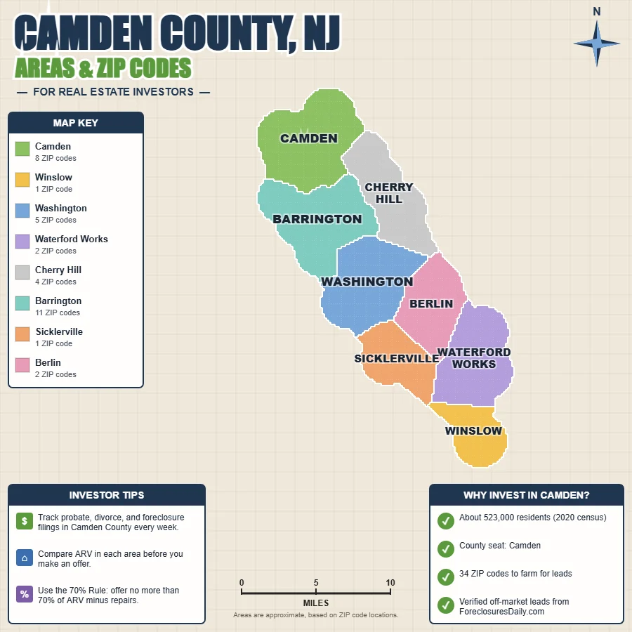 Camden County, New Jersey areas and ZIP codes map for real estate investors