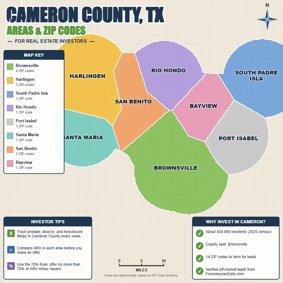 Cameron County, Texas areas and ZIP codes map for real estate investors