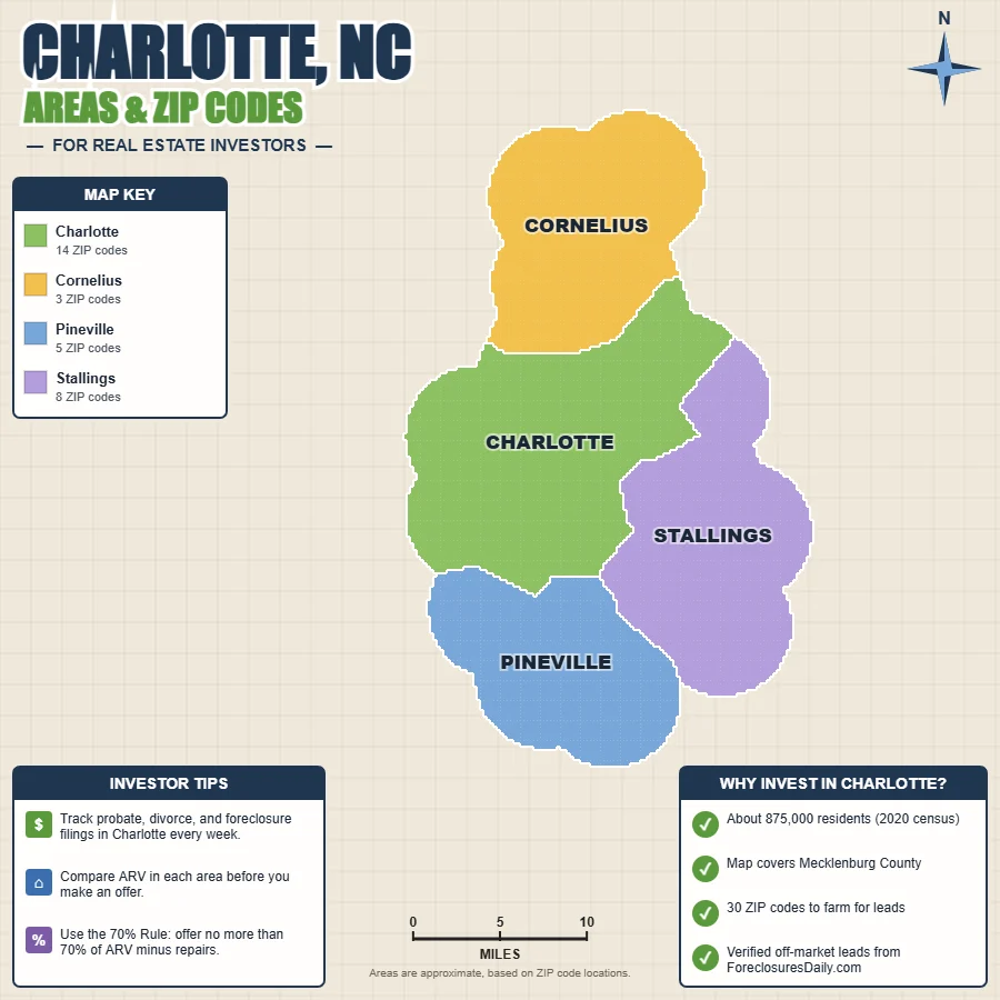 Charlotte, North Carolina areas and ZIP codes map for real estate investors