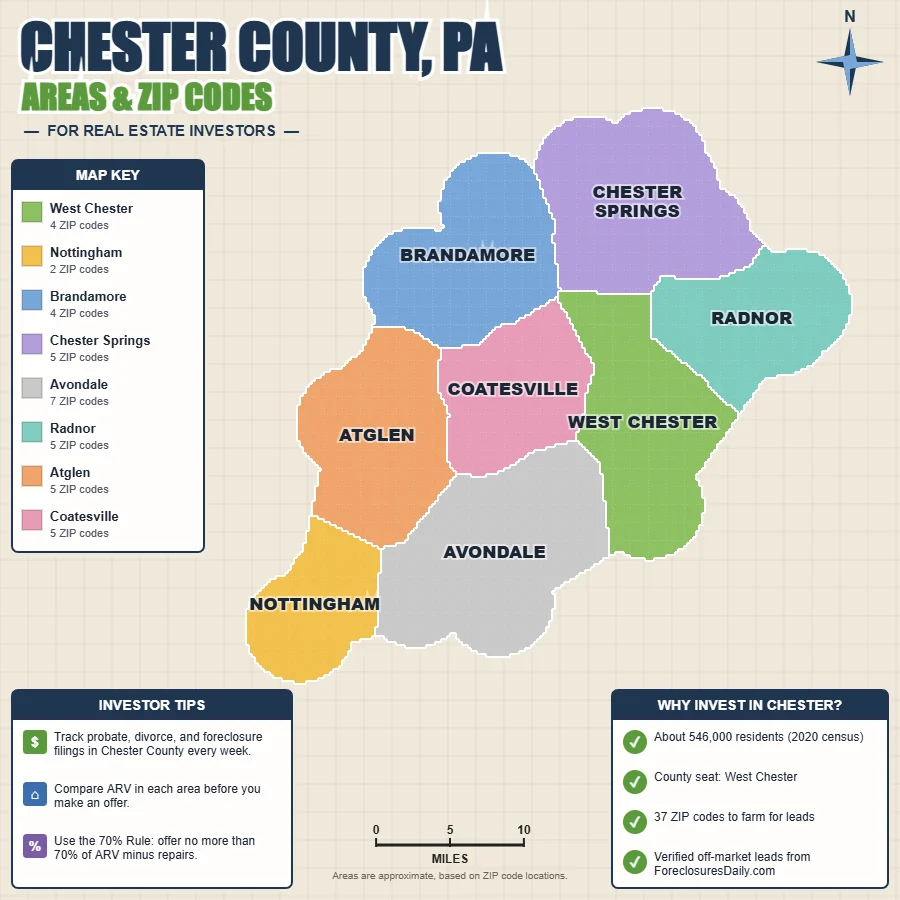 Chester County, Pennsylvania areas and ZIP codes map for real estate investors