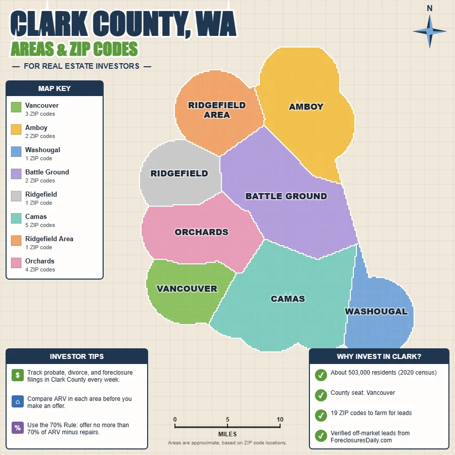 Clark County, Washington areas and ZIP codes map for real estate investors