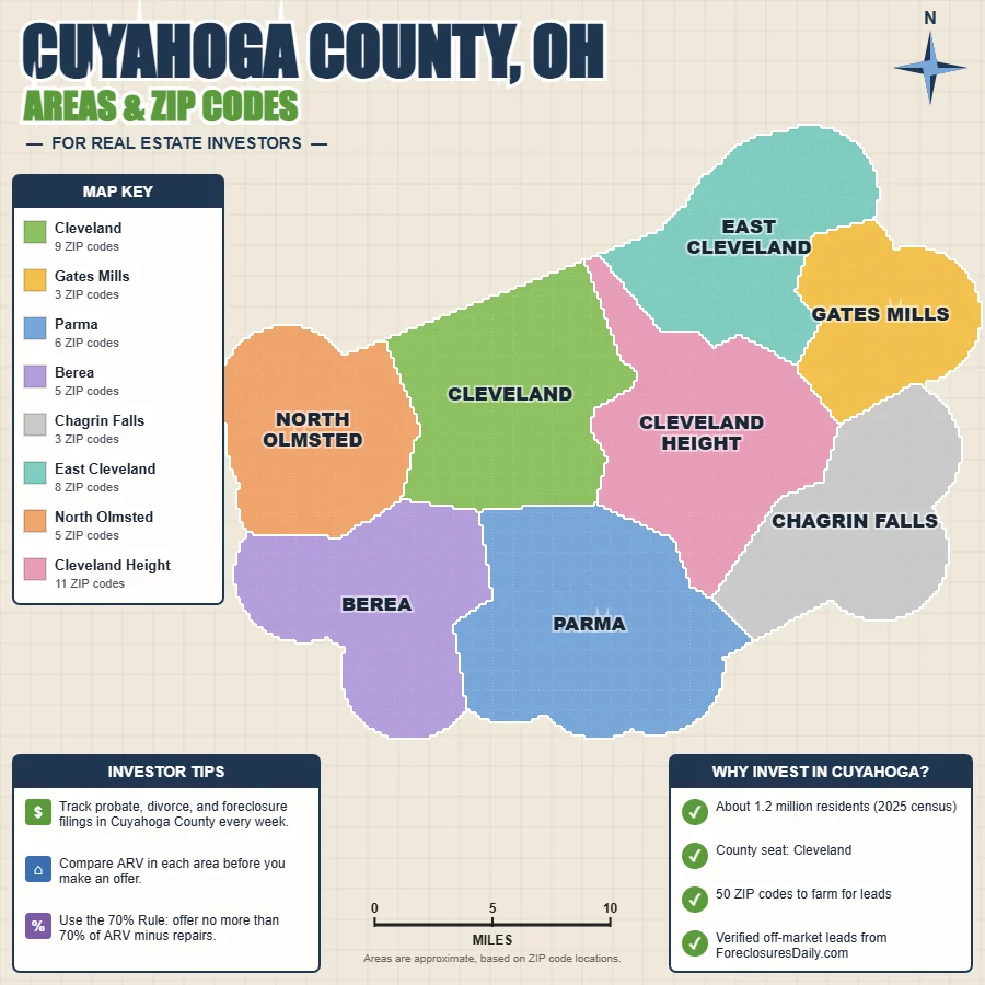 Cuyahoga County, Ohio areas and ZIP codes map for real estate investors