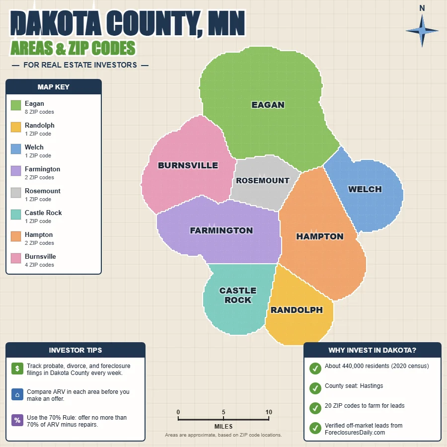 Dakota County, Minnesota areas and ZIP codes map for real estate investors