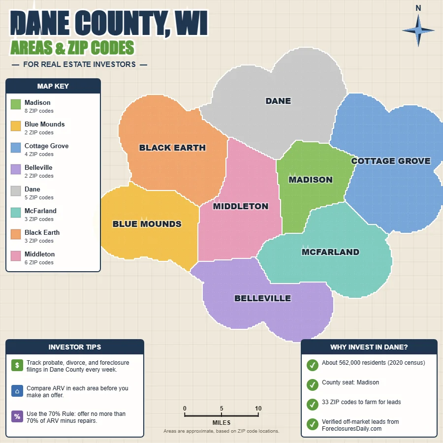 Dane County, Wisconsin areas and ZIP codes map for real estate investors