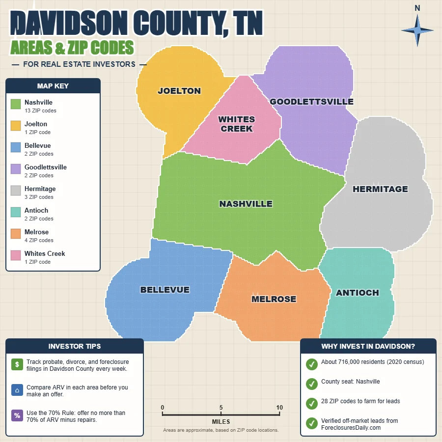 Davidson County, Tennessee areas and ZIP codes map for real estate investors