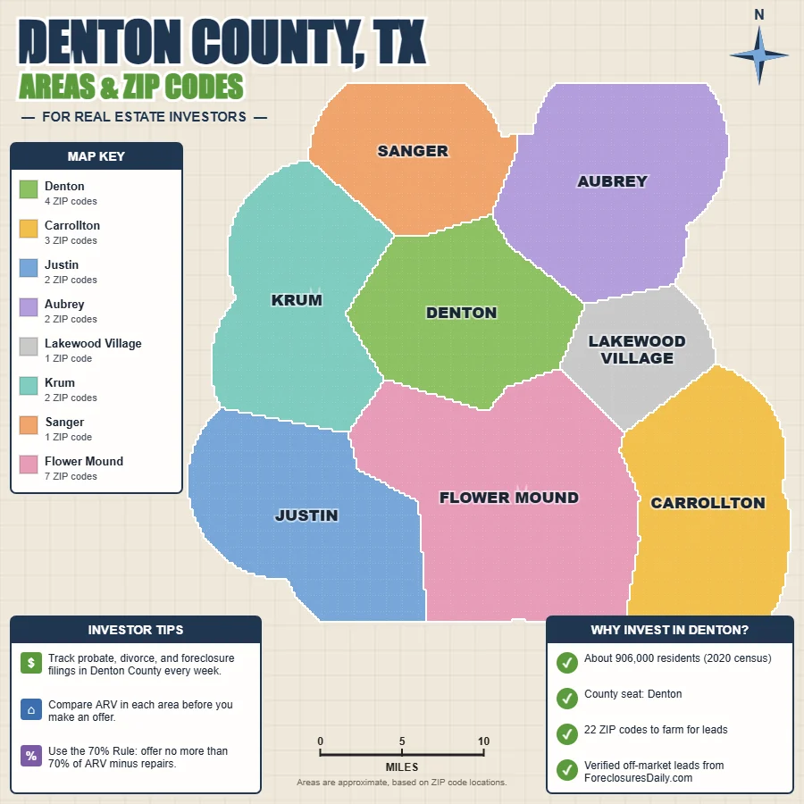 Denton County, Texas areas and ZIP codes map for real estate investors