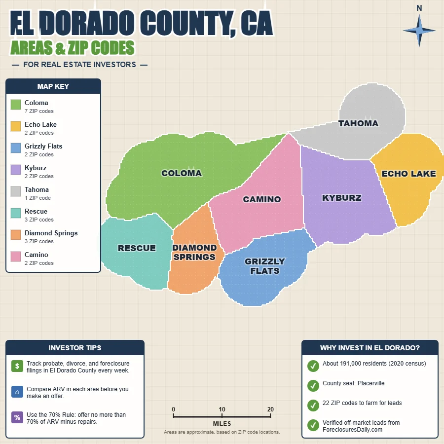 El Dorado County, California areas and ZIP codes map for real estate investors