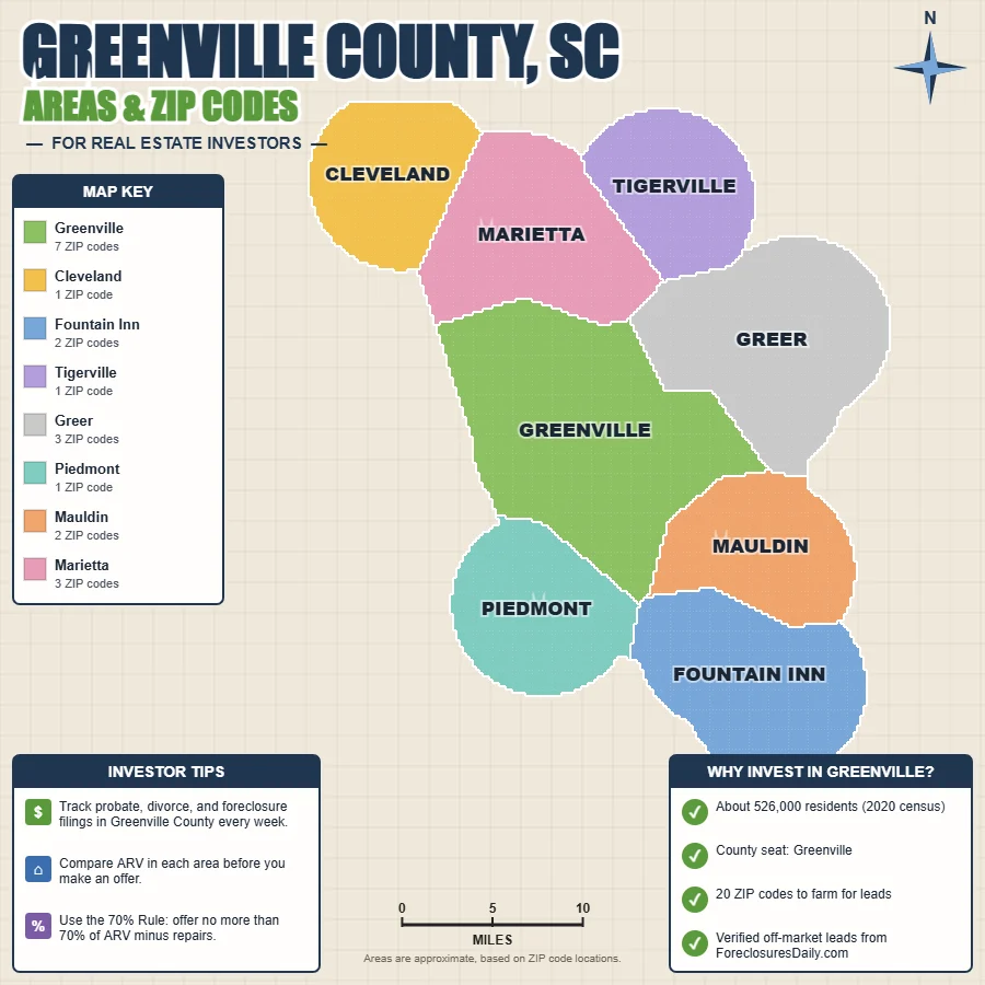 Greenville County, South Carolina areas and ZIP codes map for real estate investors