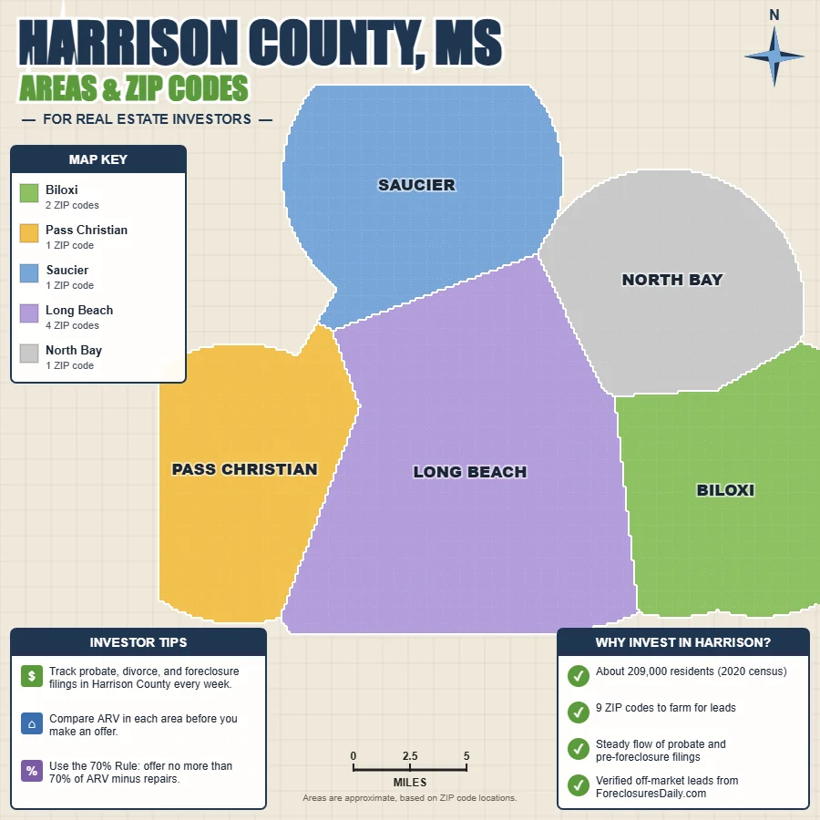 Harrison County, Mississippi areas and ZIP codes map for real estate investors