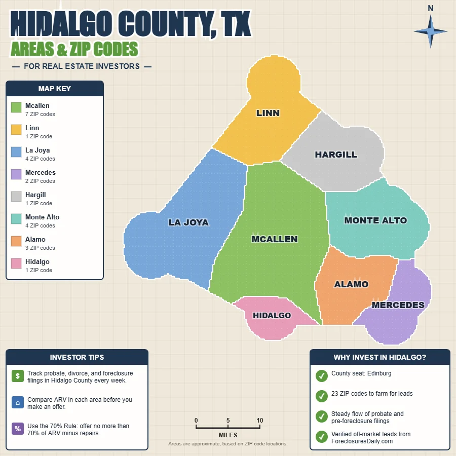 Hidalgo County, Texas areas and ZIP codes map for real estate investors