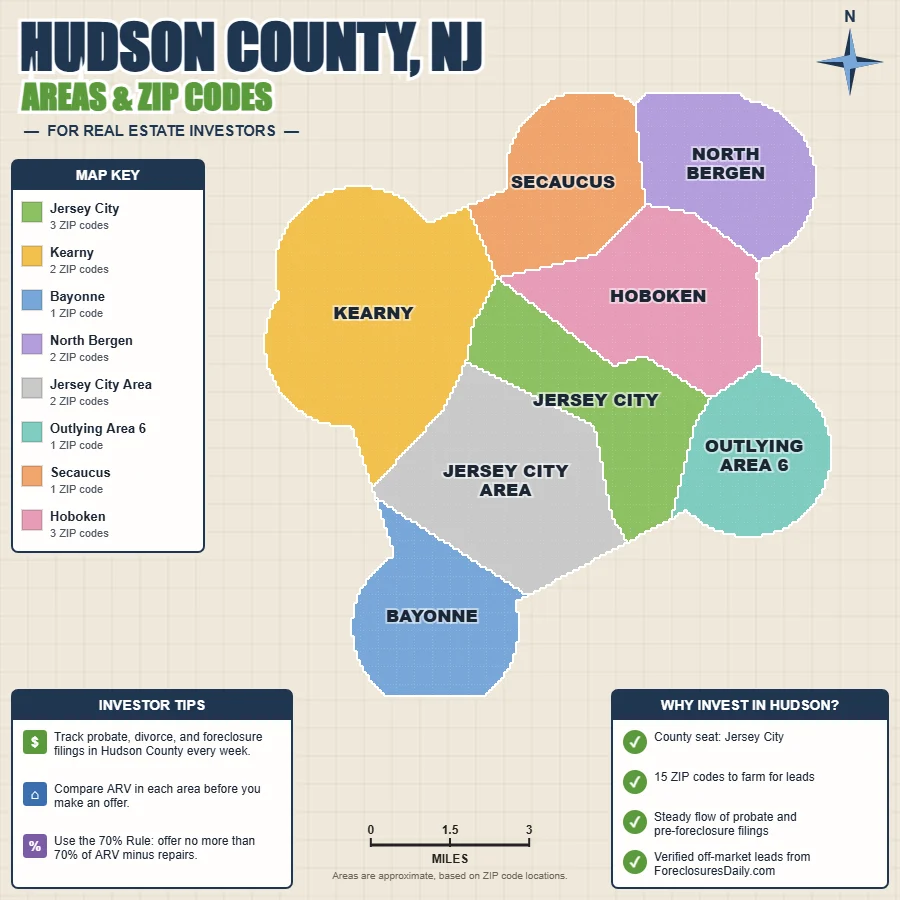 Hudson County, New Jersey areas and ZIP codes map for real estate investors