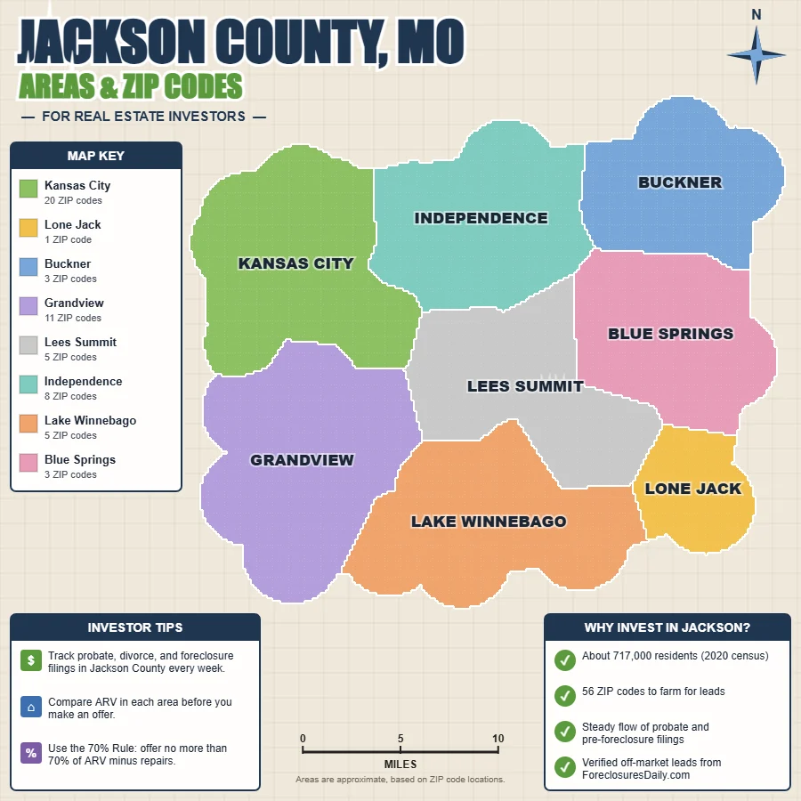 Jackson County, Missouri areas and ZIP codes map for real estate investors