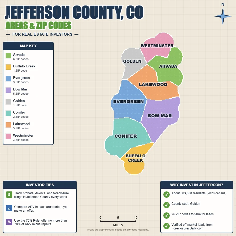 Jefferson County, Colorado areas and ZIP codes map for real estate investors