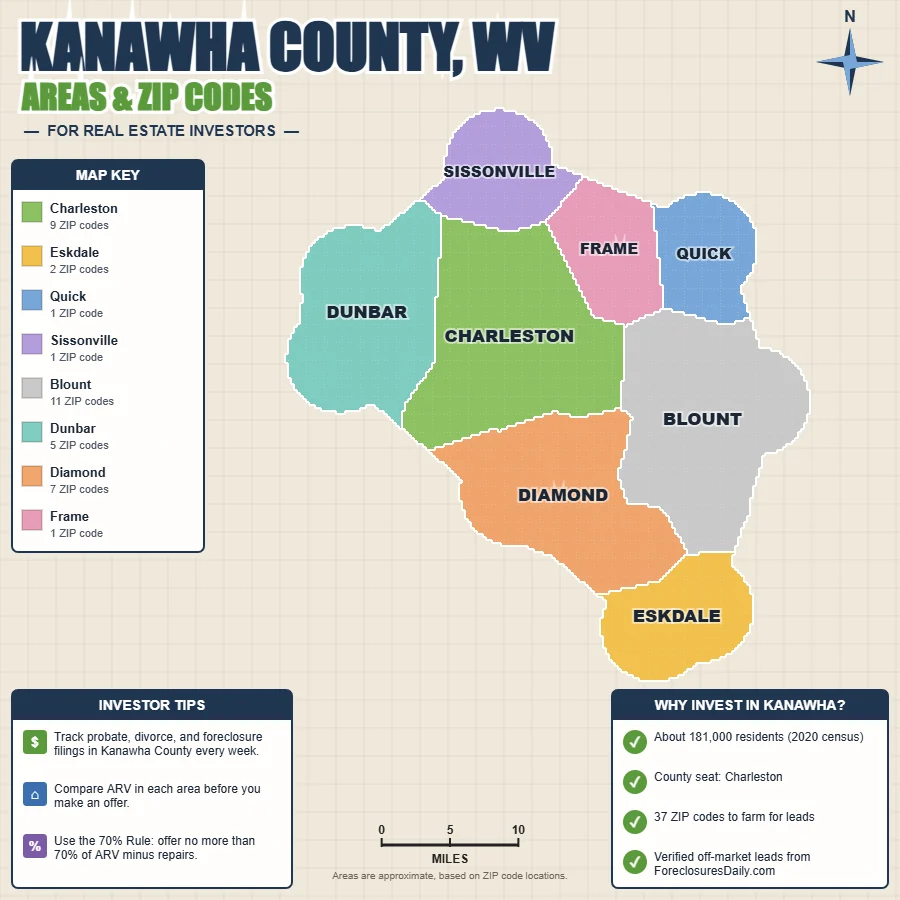 Kanawha County, West Virginia areas and ZIP codes map for real estate investors