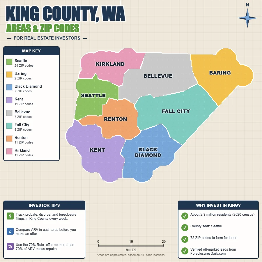 King County, Washington areas and ZIP codes map for real estate investors