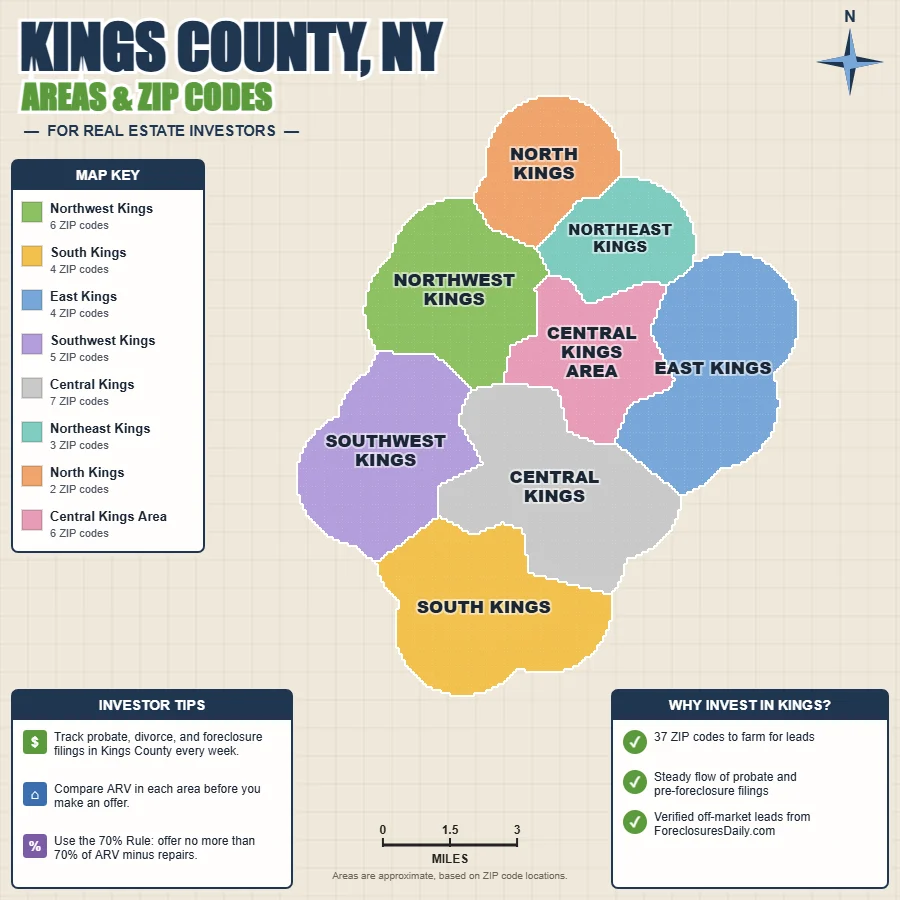 Kings County, New York areas and ZIP codes map for real estate investors