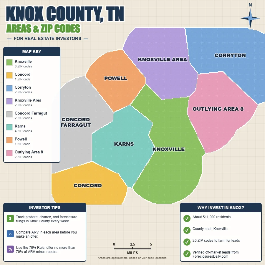 Knox County, Tennessee areas and ZIP codes map for real estate investors