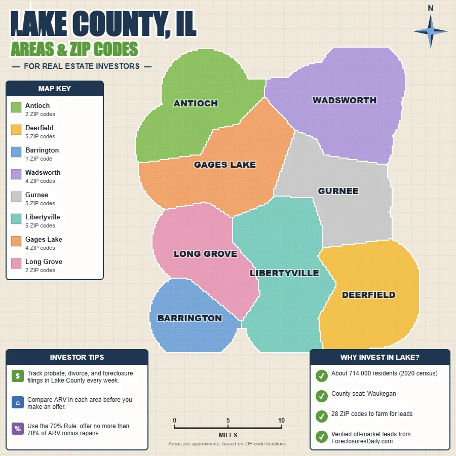 Lake County, Illinois areas and ZIP codes map for real estate investors