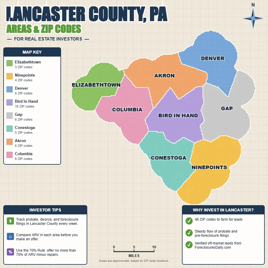Lancaster County, Pennsylvania areas and ZIP codes map for real estate investors