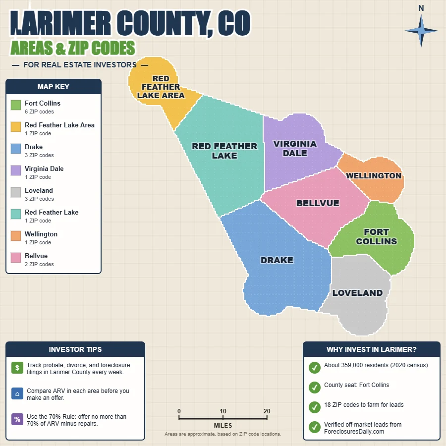 Larimer County, Colorado areas and ZIP codes map for real estate investors