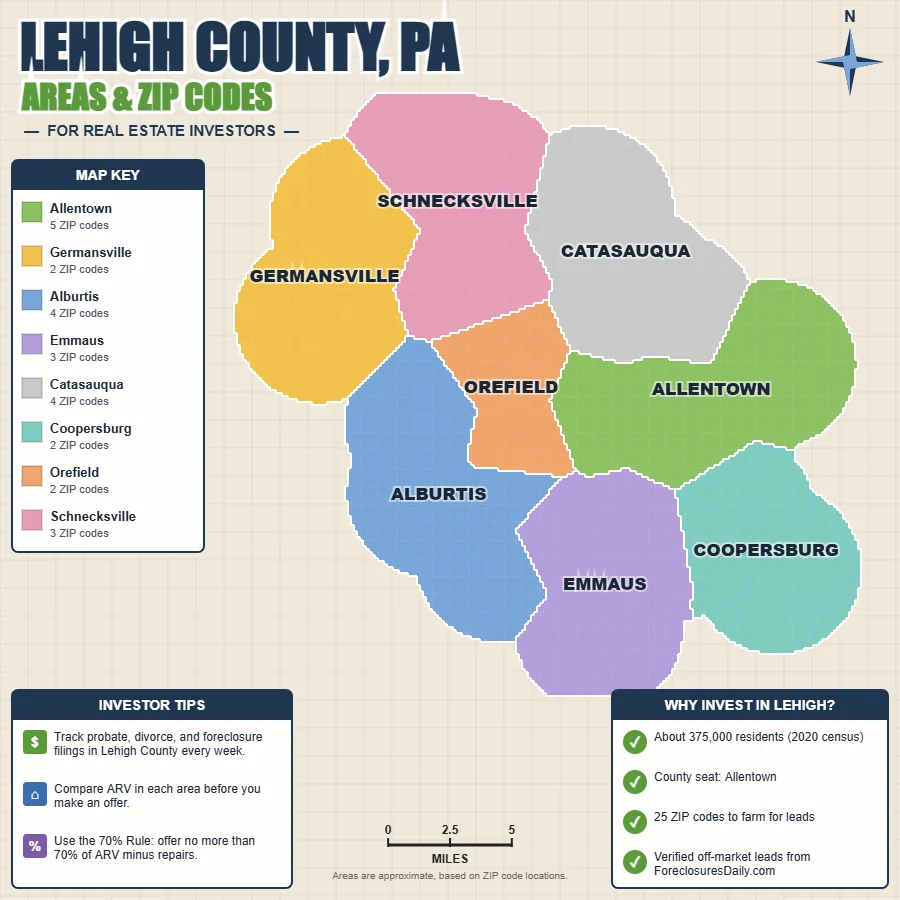 Lehigh County, Pennsylvania areas and ZIP codes map for real estate investors