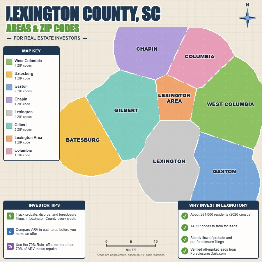 Lexington County, South Carolina areas and ZIP codes map for real estate investors