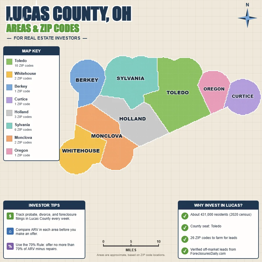 Lucas County, Ohio areas and ZIP codes map for real estate investors
