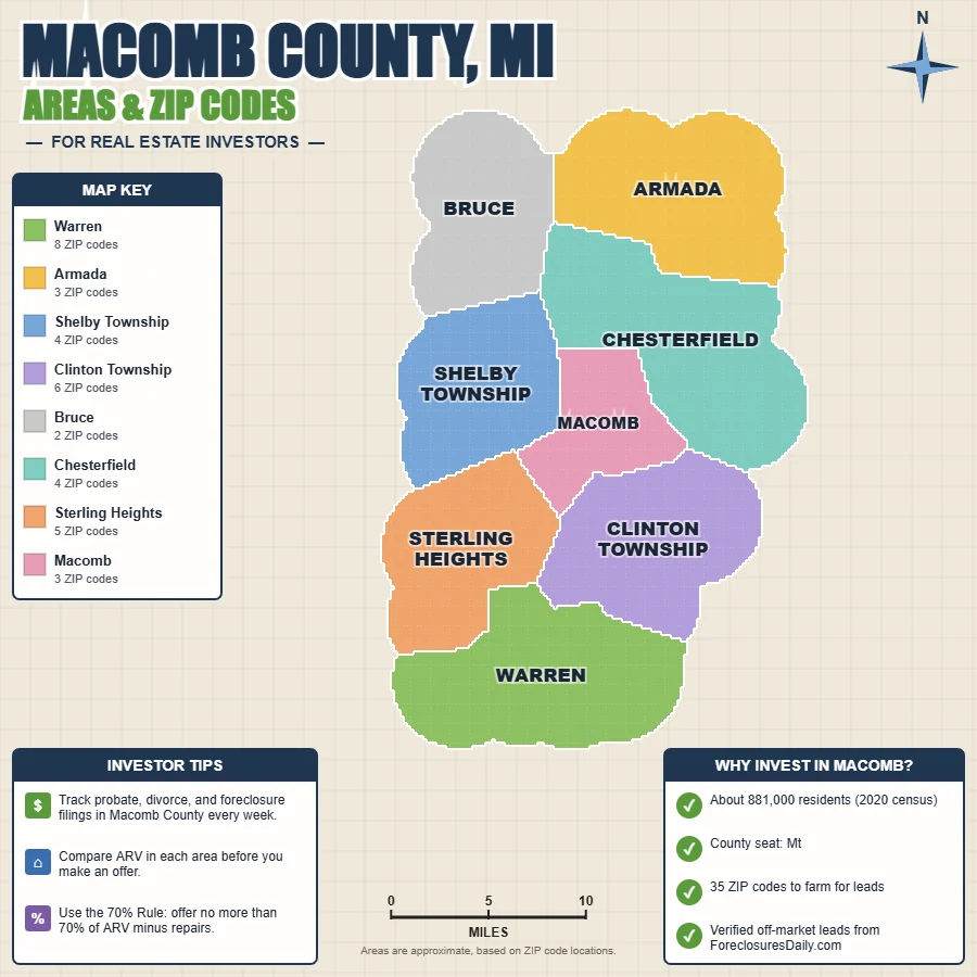 Macomb County, Michigan areas and ZIP codes map for real estate investors