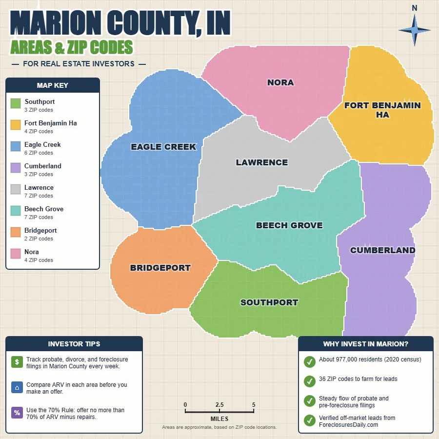 Marion County, Indiana areas and ZIP codes map for real estate investors