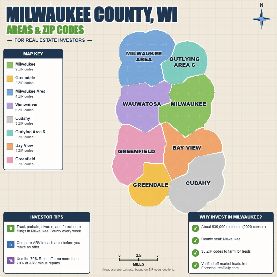 Milwaukee County, Wisconsin areas and ZIP codes map for real estate investors