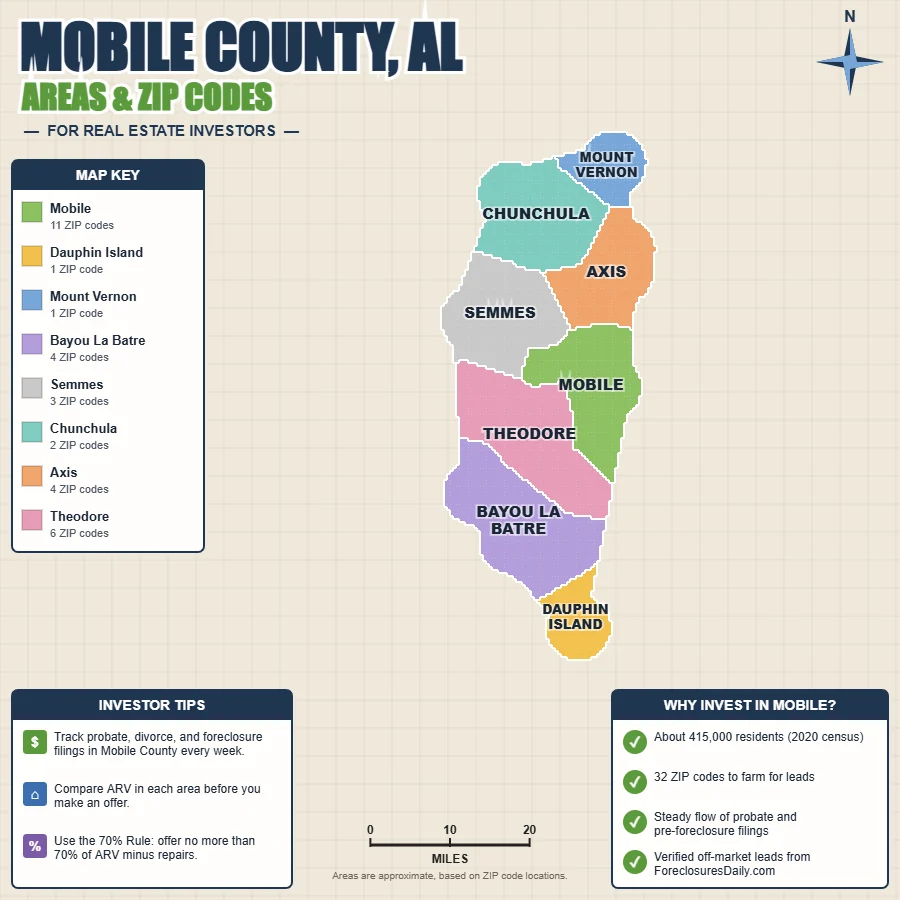 Mobile County, Alabama areas and ZIP codes map for real estate investors