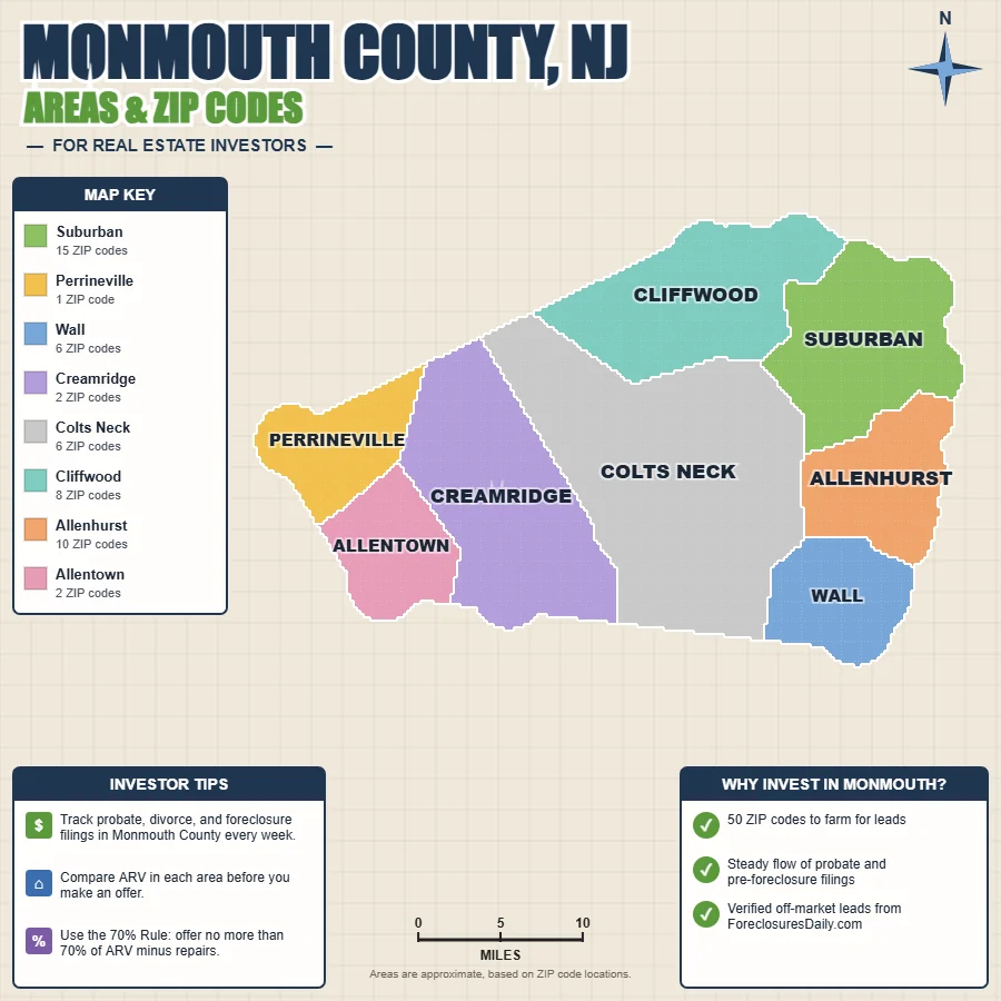 Monmouth County, New Jersey areas and ZIP codes map for real estate investors