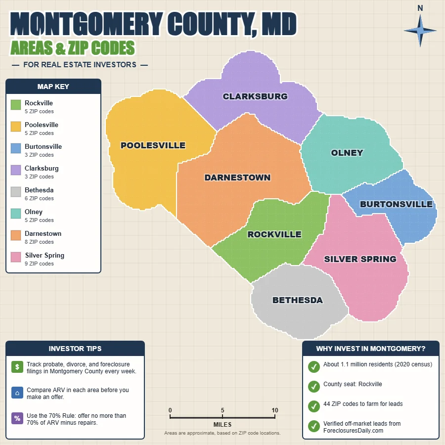 Montgomery County, Maryland areas and ZIP codes map for real estate investors