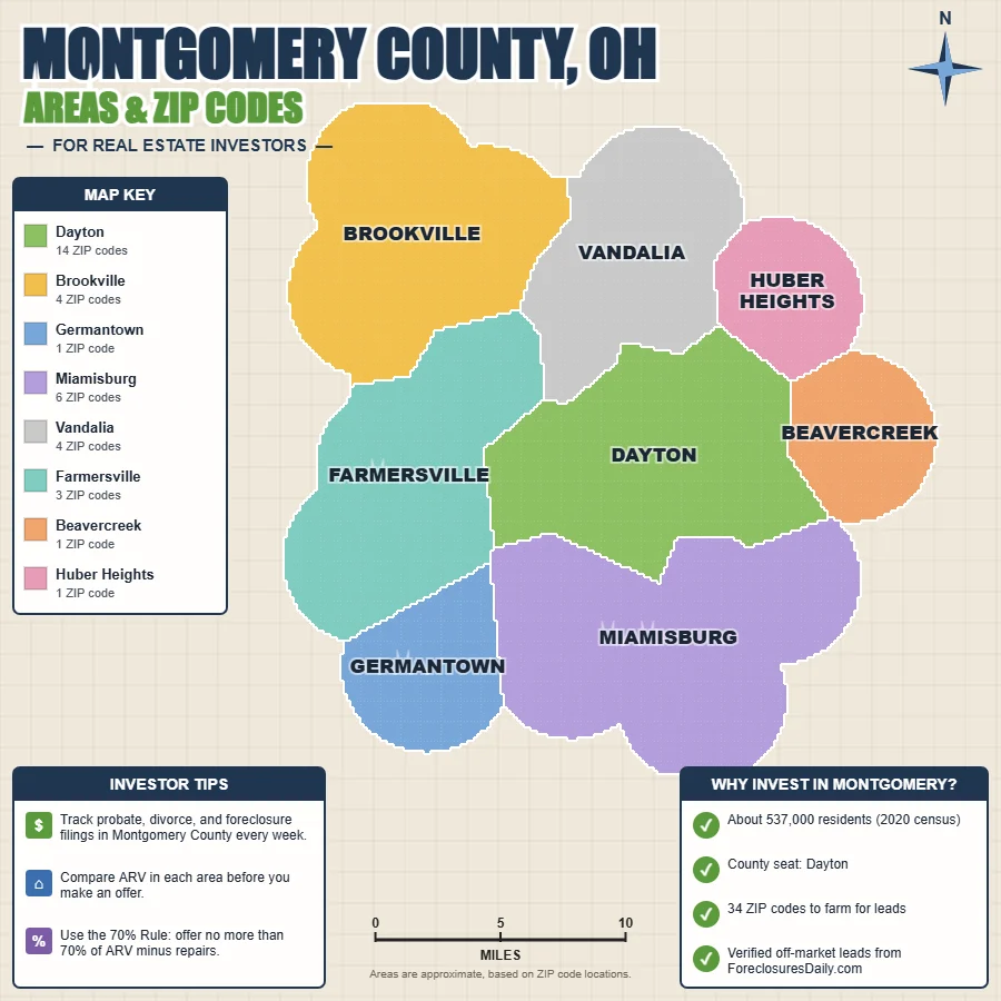 Montgomery County, Ohio areas and ZIP codes map for real estate investors