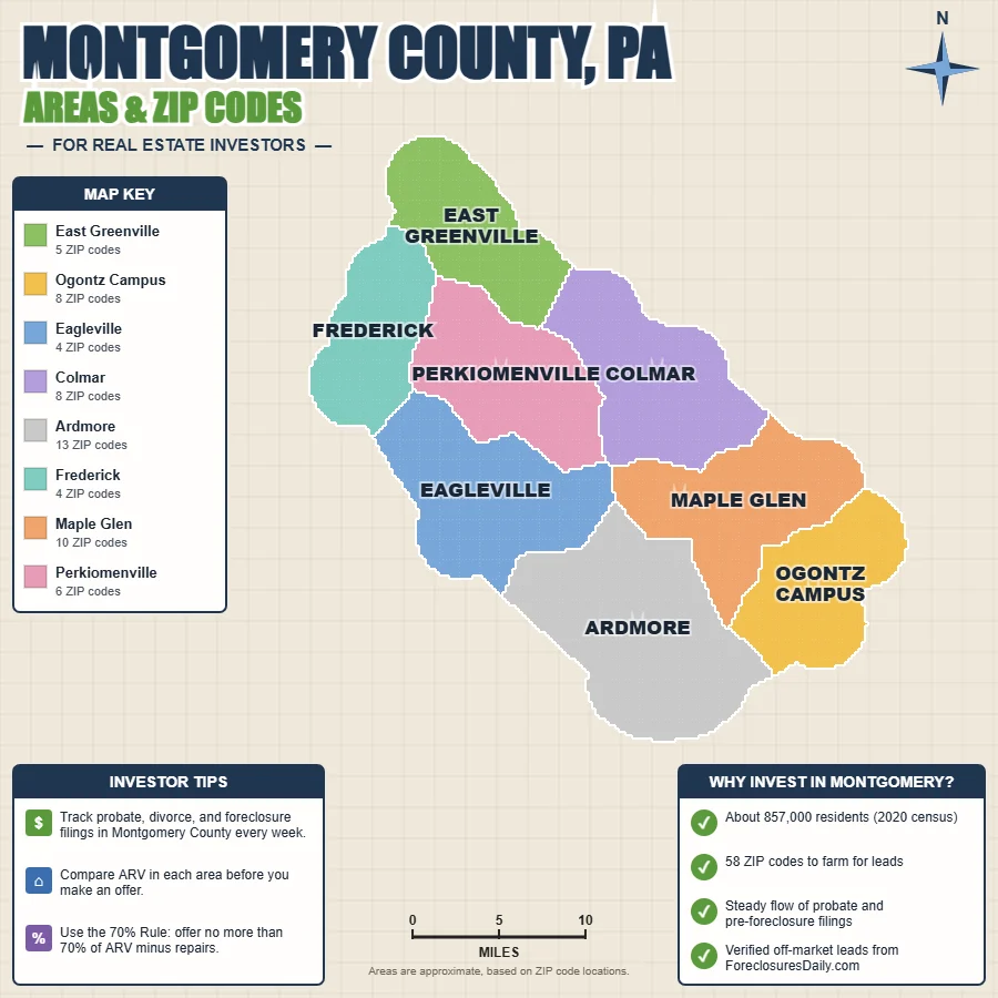 Montgomery County, Pennsylvania areas and ZIP codes map for real estate investors